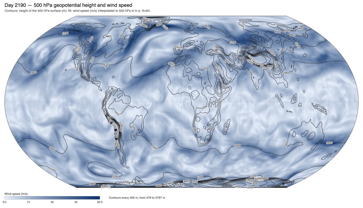 A 500 hPa chart with geopotential height contours over wind speed