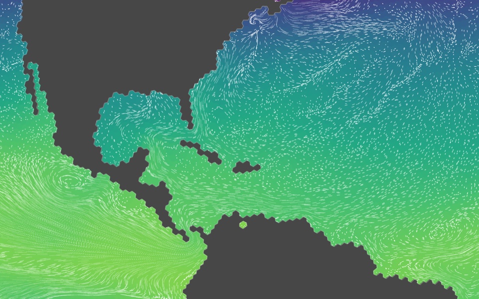 Sea surface temperature around the Caribbean with the current particles streaked over a second of motion